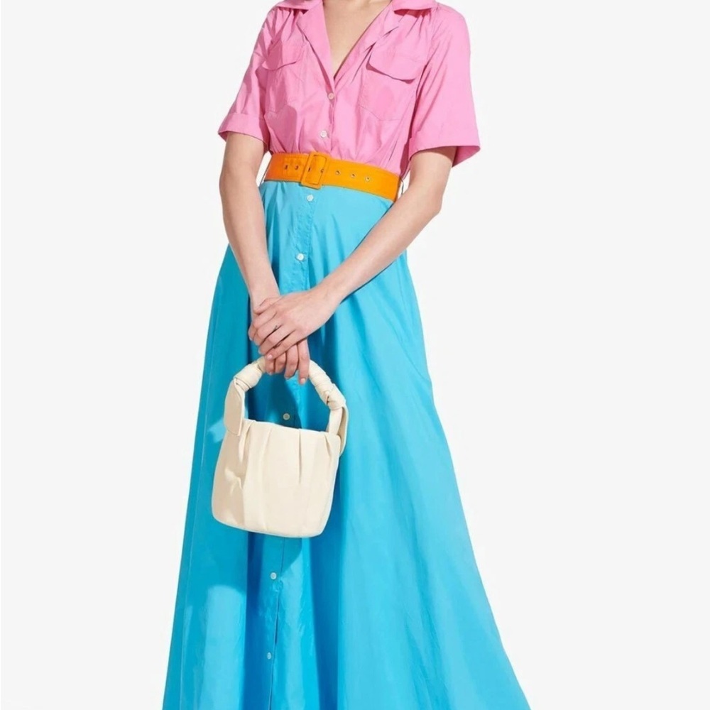 STAUD MILLIE Dress.  Pink and Blue Maxi Dress with Orange Belt